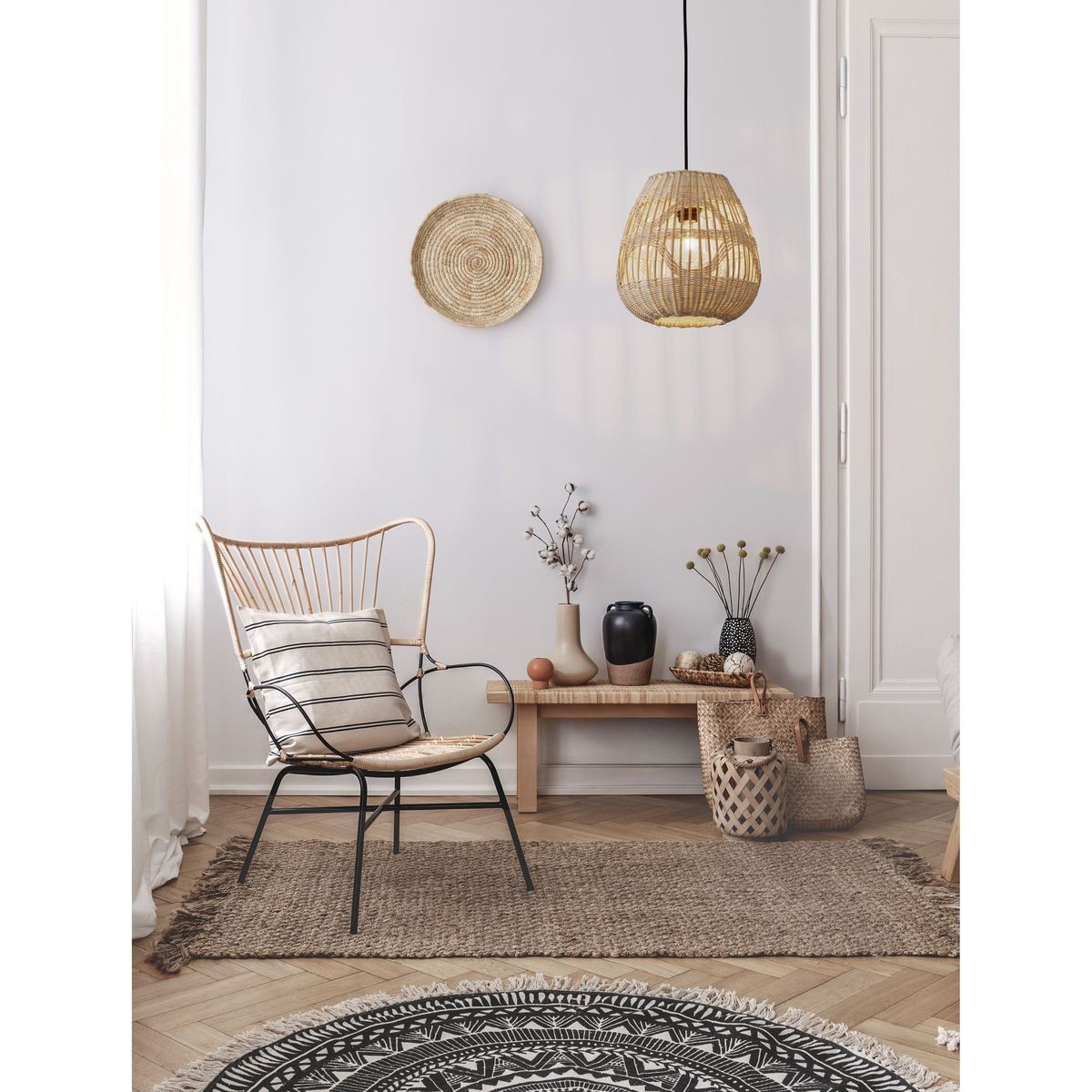 Suspension DKD Home Decor Métal Blanc Marron Clair Rotin 50 W (30 x 30 x 38 cm)