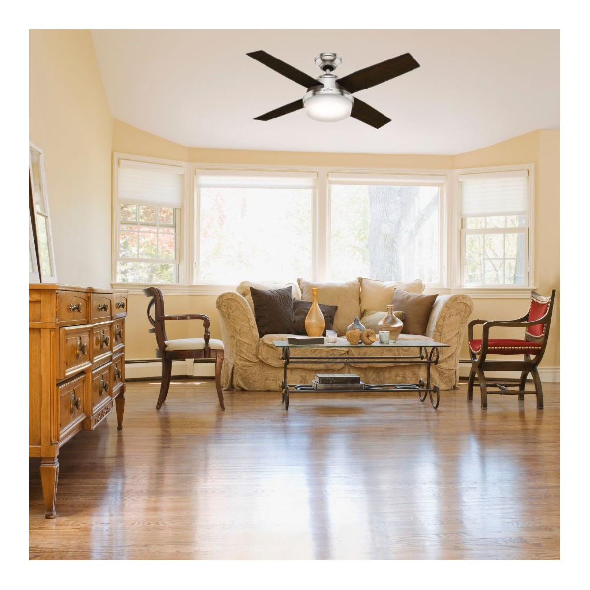 Ventilateur De Plafond Hunter Dante Avec Télécommande – Nickel Brossé, Lumière LED, 112 Cm, 4 Pales Bois