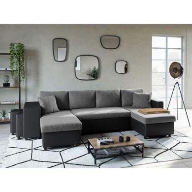 Canapé panoramique L200 U Plus Gris Noir Niche à gauche avec 2 poufs  L200UPLUSPUNRMFGRG