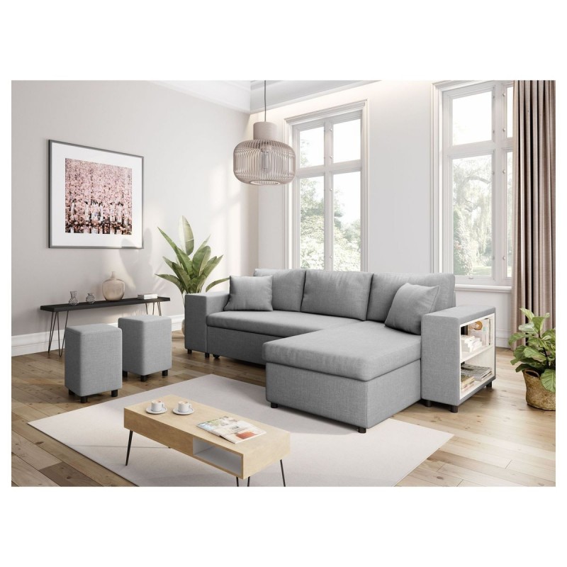 Canapé d'angle réversible L200Pac Gris Clair Pouf à gauche et étagère à droite  L200PACTGRCG