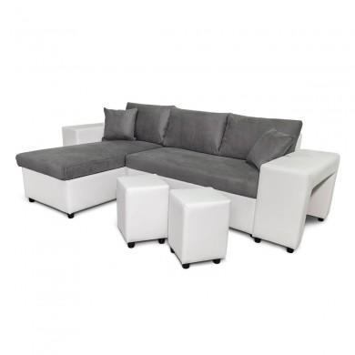 Canapé d'angle réversible L200Pac Gris Blanc Pouf à droite et étagère à gauche  L200PACPUBLMFGRD