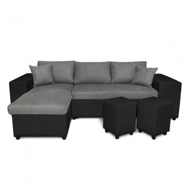 Canapé d'angle réversible L200Pac Gris Noir Pouf à droite et étagère à gauche  L200PACPUNRMFGRD