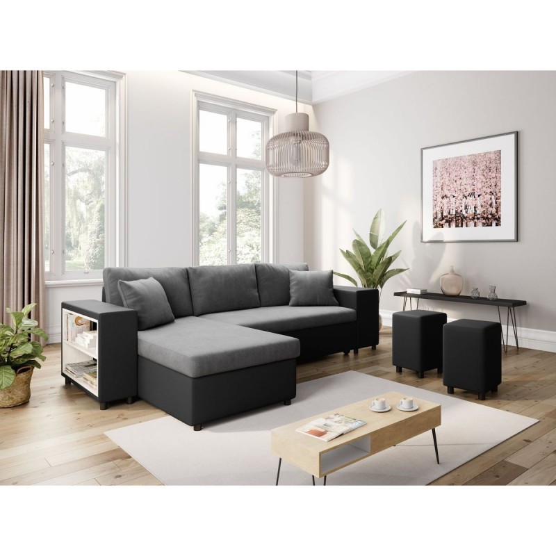 Canapé d'angle réversible L200Pac Gris Noir Pouf à droite et étagère à gauche  L200PACPUNRMFGRD