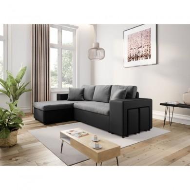 Canapé d'angle réversible L200Pac Gris Noir Pouf à droite et étagère à gauche  L200PACPUNRMFGRD