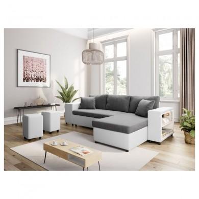 Canapé d'angle réversible L200Pac Gris Blanc Pouf à gauche et étagère à droite  L200PACPUBLMFGRG