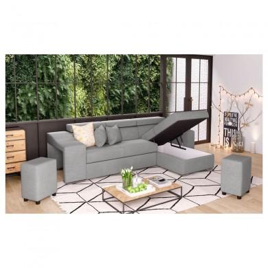 Canapé d'angle réversible Stilo Gris Niche à gauche et 2 poufs en tissu  STILOTGRCG