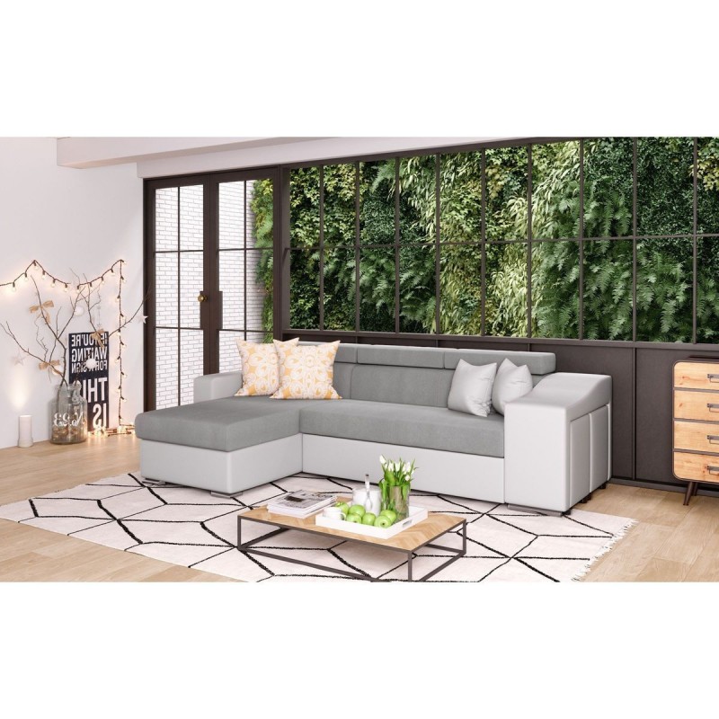 Canapé d'angle Stilo Gris Blanc Niche à droite avec 2 poufs  STILOPUBLMFGRC