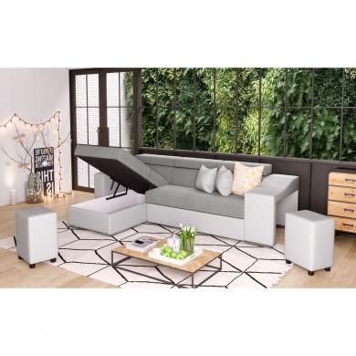 Canapé d'angle Stilo Gris Blanc Niche à droite avec 2 poufs  STILOPUBLMFGRC