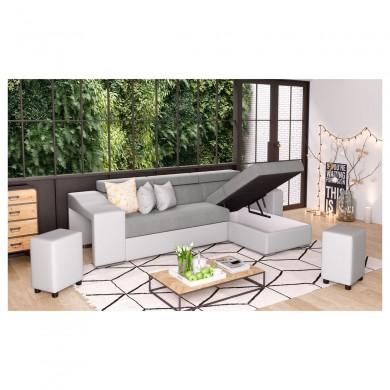 Canapé d'angle Stilo Gris Blanc Niche à gauche avec 2 poufs  STILOPUBLMFGRCG