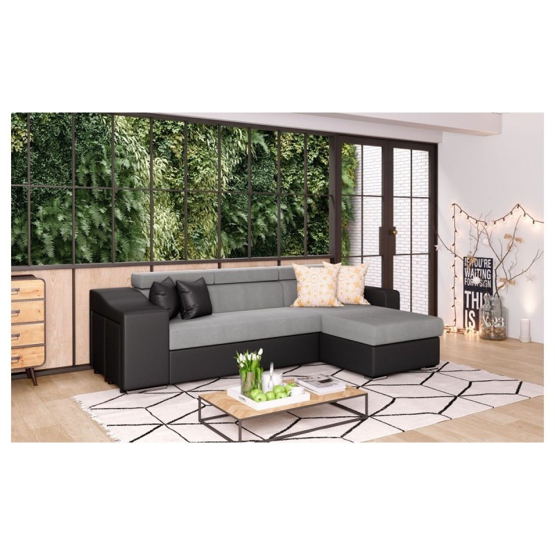 Canapé d'angle réversible Stilo Gris Noir Niche à gauche avec 2 poufs  STILOPUNRMFGRCG