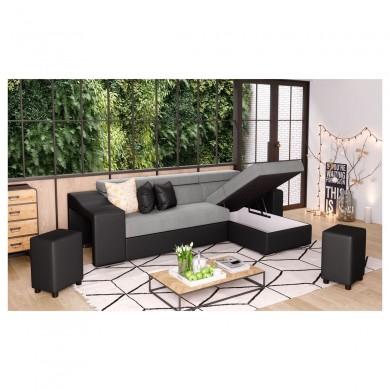 Canapé d'angle réversible Stilo Gris Noir Niche à gauche avec 2 poufs  STILOPUNRMFGRCG