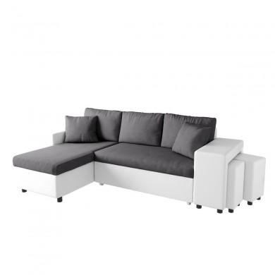 Canapé d'angle réversible Maria Plus Gris Blanc Niche à droite avec 2 poufs  L200PLUSBLGRD