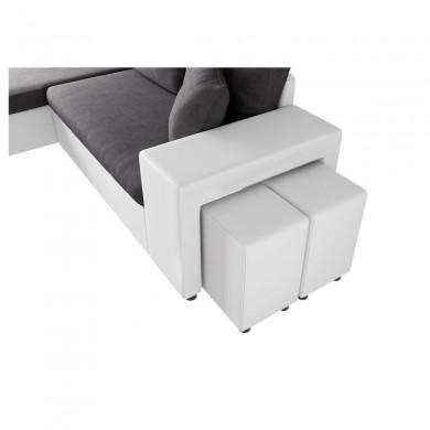 Canapé d'angle réversible Maria Plus Gris Blanc Niche à droite avec 2 poufs  L200PLUSBLGRD