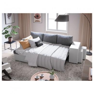 Canapé d'angle réversible Maria Plus Gris Blanc Niche à droite avec 2 poufs  L200PLUSBLGRD