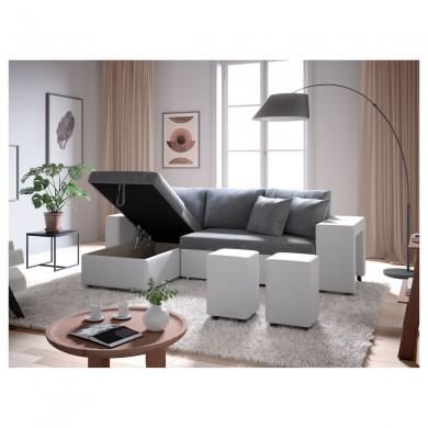 Canapé d'angle réversible Maria Plus Gris Blanc Niche à droite avec 2 poufs  L200PLUSBLGRD