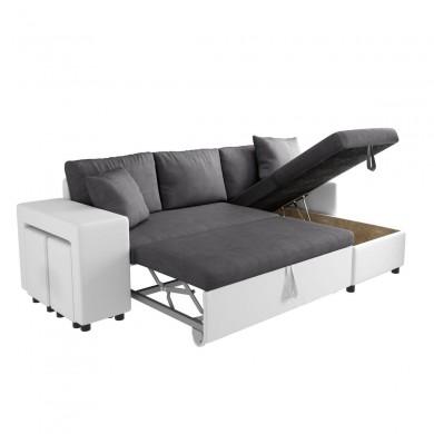 Canapé d'angle réversible Maria Plus Gris Blanc Niche à gauche avec 2 poufs  L200PLUSBLGRG