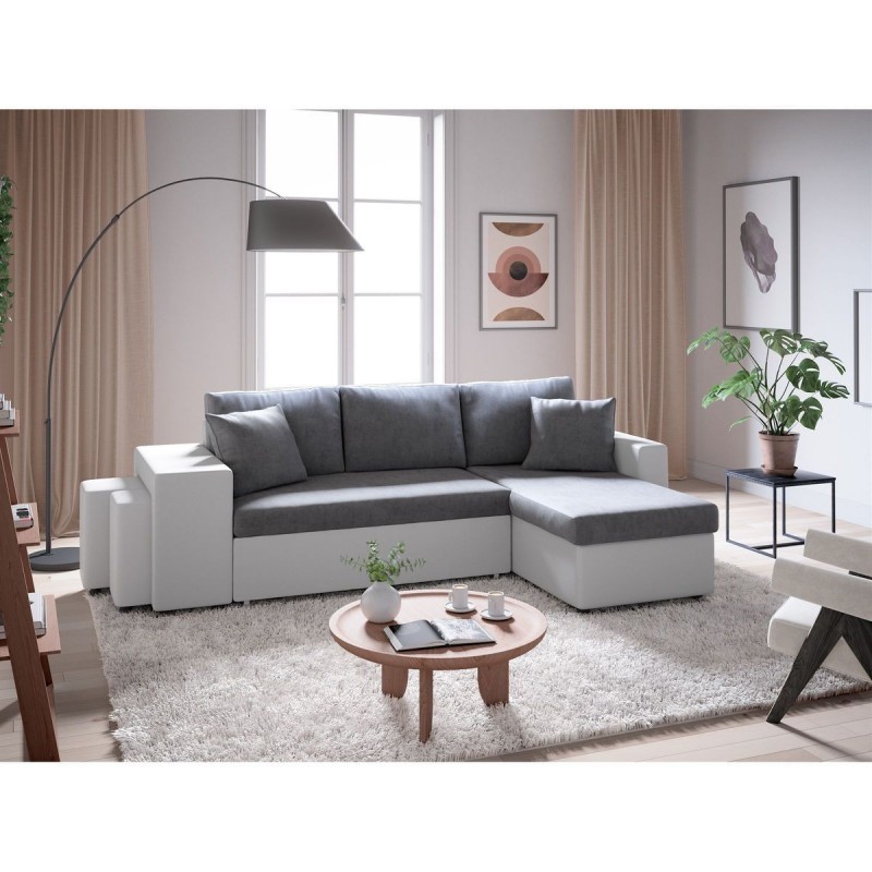 Canapé d'angle réversible Maria Plus Gris Blanc Niche à gauche avec 2 poufs  L200PLUSBLGRG