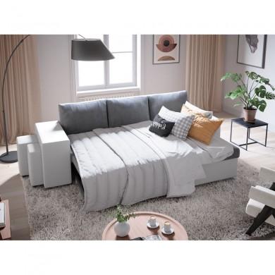 Canapé d'angle réversible Maria Plus Gris Blanc Niche à gauche avec 2 poufs  L200PLUSBLGRG