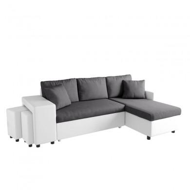 Canapé d'angle réversible Maria Plus Gris Blanc Niche à gauche avec 2 poufs  L200PLUSBLGRG