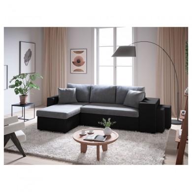 Canapé d'angle réversible Maria Plus Gris Noir Niche à droite et 2 poufs en simili  L200PLUSNRGRD