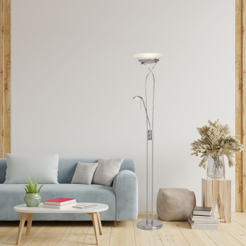 Lampadaire avec liseuse et variateur OLLIE 1x18W LED intégrée ACIER VERRE BLANC BRILLIANT G93036/13