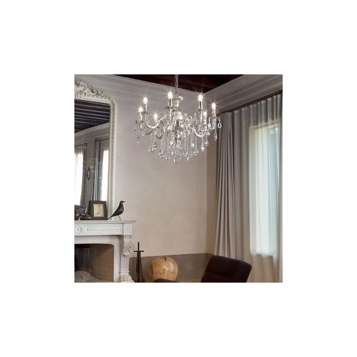 Lustre à pampilles ancien en cristal 8 feux 68 x 56 cm