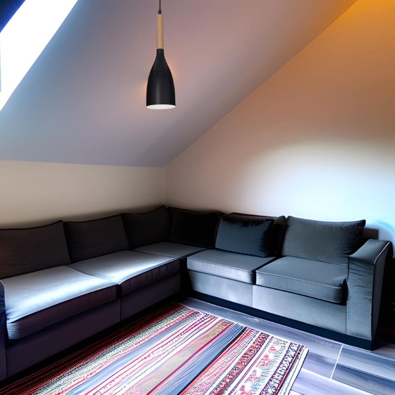 Image représentat une pièce ayant une pente de toit, sur laquelle prend place une suspension sur fil. La pièce est décorée d'un canapé noir et d'un tapis