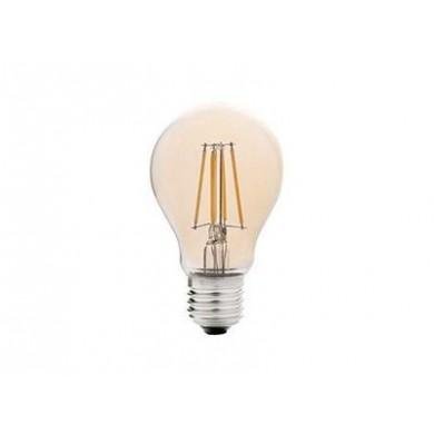 Ampoule LED transparente avec filament visible, forme classique et culot métallique argenté. différemment lumineuse.