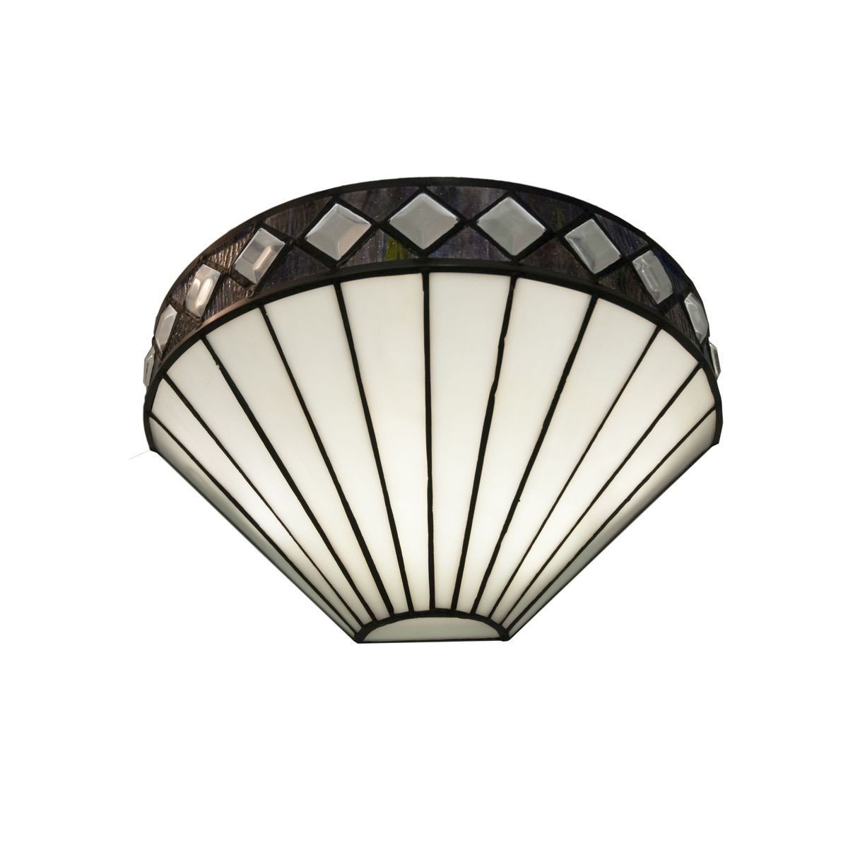 Applique murale design art deco en abat-jour semi-sphérique, motifs verticaux noirs et bande supérieure à damier, lumière diffuse.
