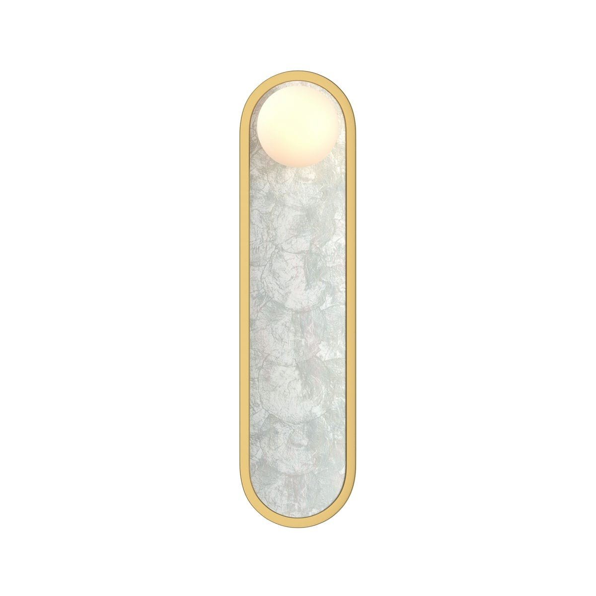 Applique murale led puissante au design vertical élancé avec cadre doré et plaque finale marbrée, lumière ronde en haut.
