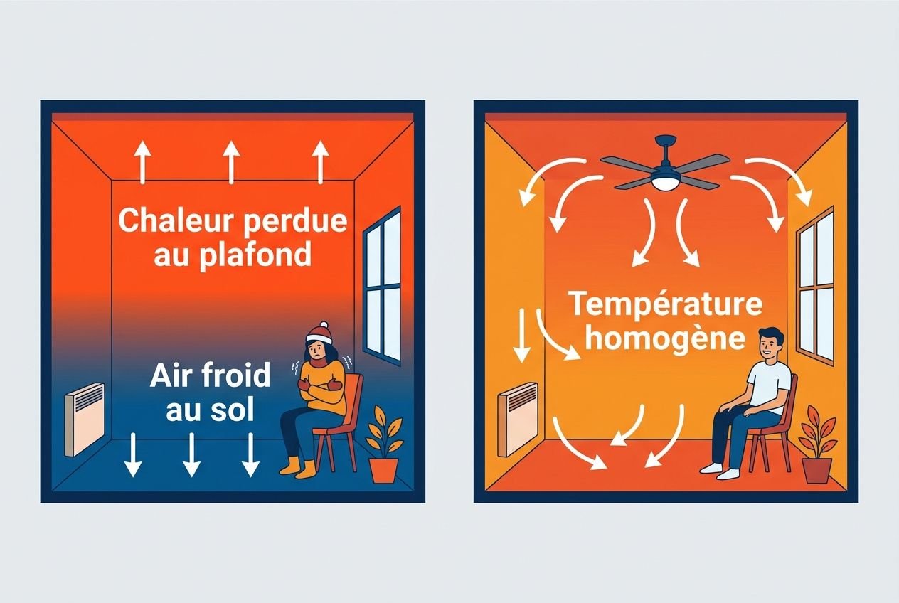 Avantage ventilateur plafond hiver : illustrated contrastes climatiques, montre répartition homogène de chaleur et souhaité confort.