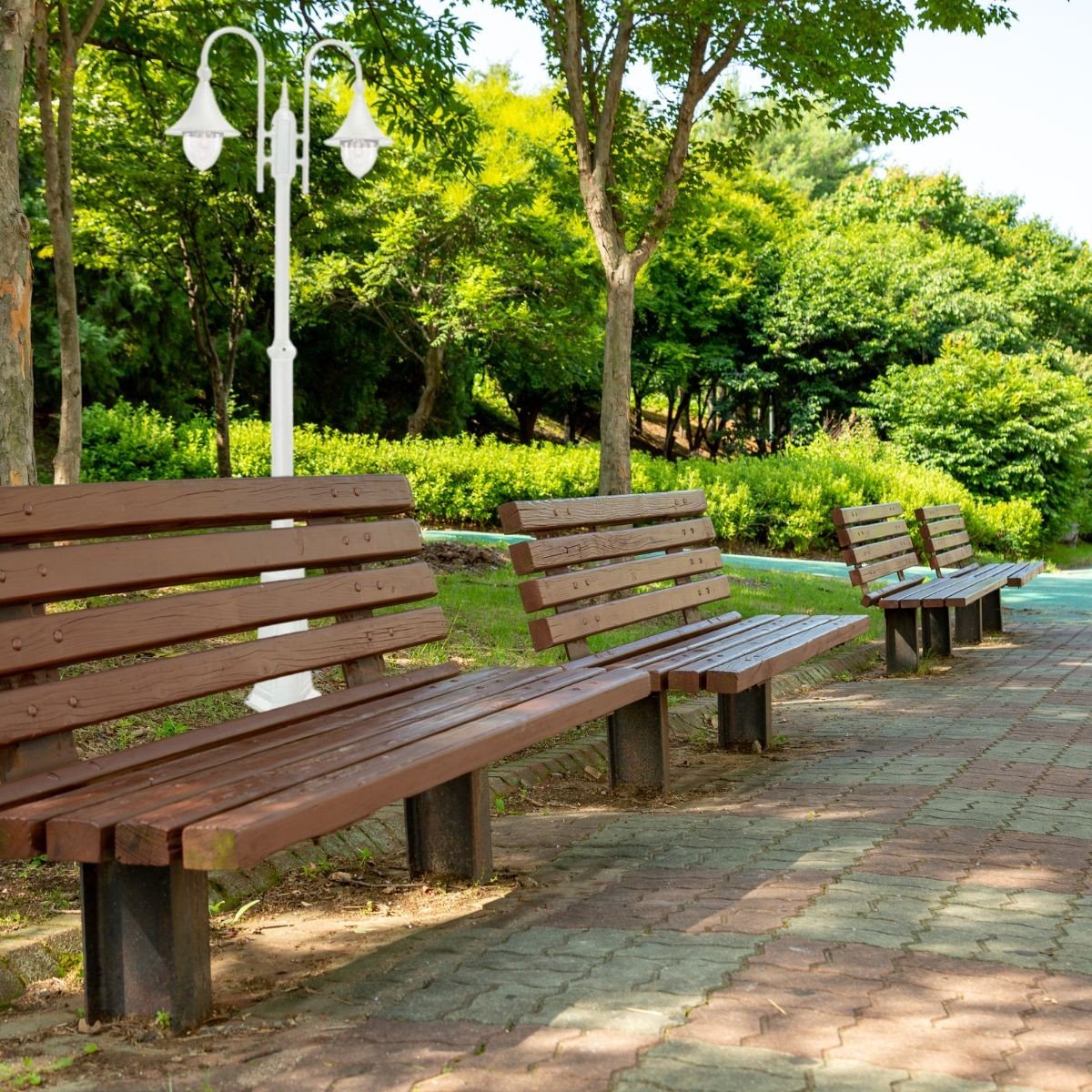 Bancs en bois le long d’un sentier piétonnier dans un parc lumineux, arbres et verdure en arrière-plan, avec lampadaire blanc. blanc chaud ou blanc froid pour extérieur.