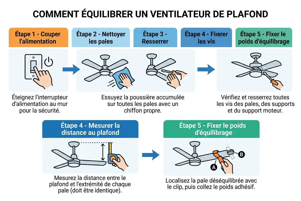 Comment équilibrer un ventilateur de plafond : étapes pour vérifier les vis, nettoyer les pales et mesurer la distance au plafond afin d’éviter le vacillement.