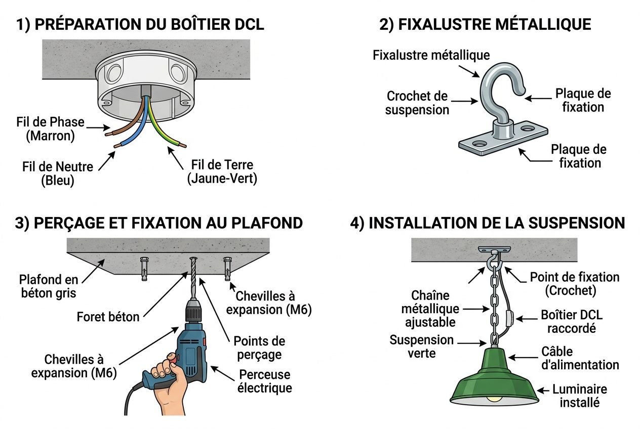 Comment fixer un luminaire au plafond : schéma étape par étape d’installation d’une suspension sur boîtier DCL avec perçage, fixation et branchement des fils.