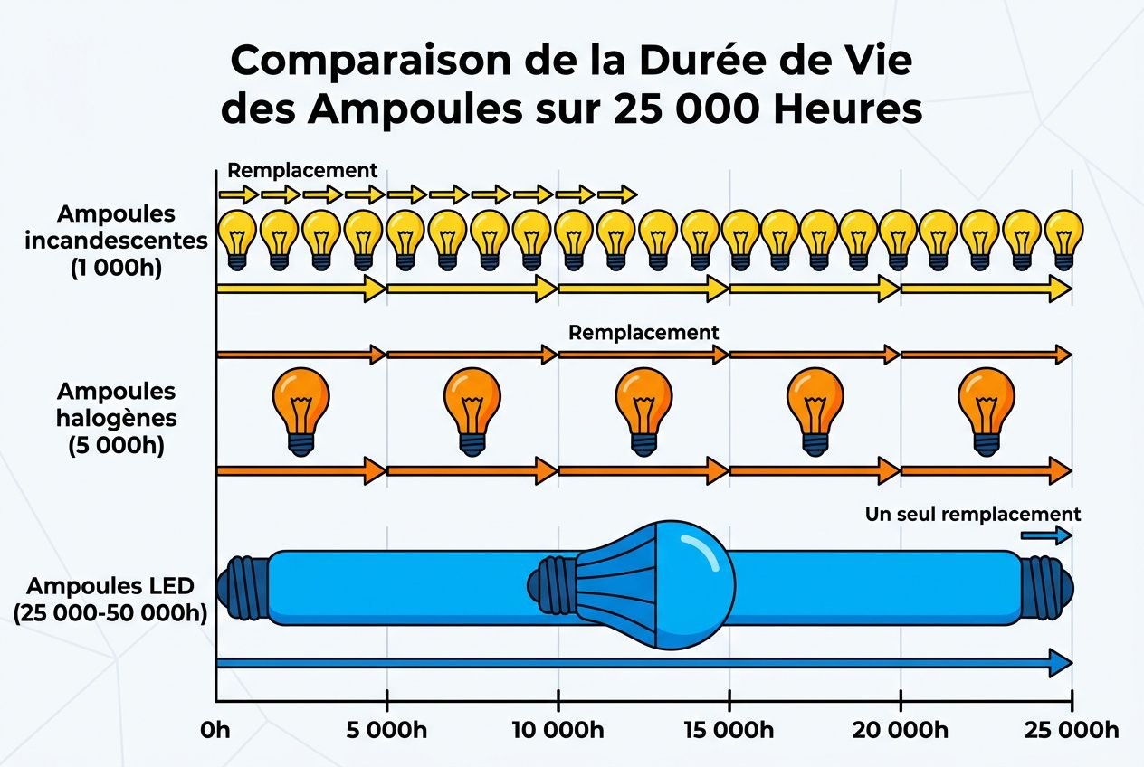 Comparaison led et ampoule classique: graphique montrant durée de vie et remplacement entre ampoules incandescentes, halogènes et LED sur 25 000 heures.