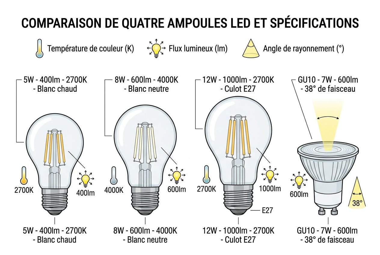 Comparaison LED et ampoule classique: infographie montrant des ampoules LED et incandescentes avec leurs températures (2700K–4000K), flux lumineux (400–1000 lm) et angle de faisceau.
