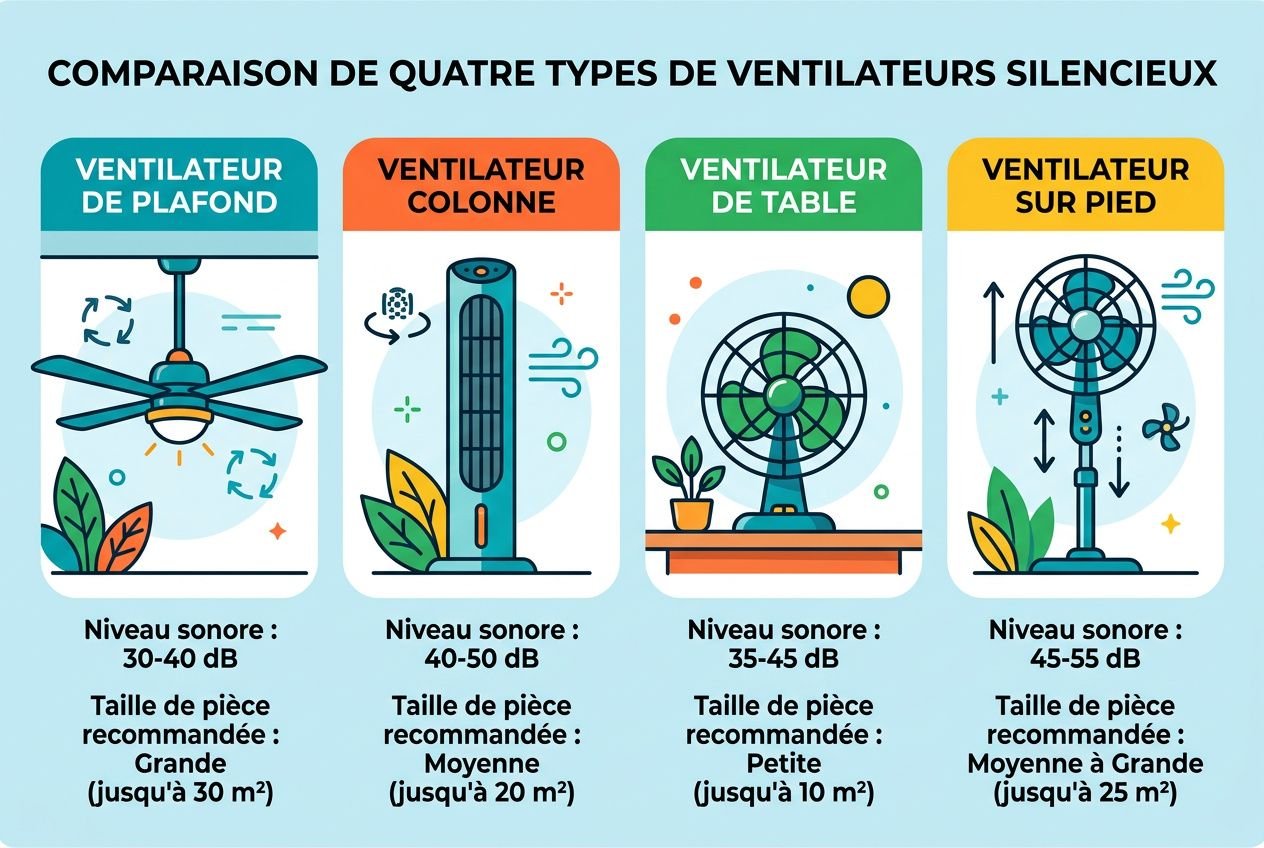 Comparaison de quatre types de ventilateurs silencieux: plafond, colonne, table et pied, avec niveaux sonores indiqués et tailles de pièce recommandées.