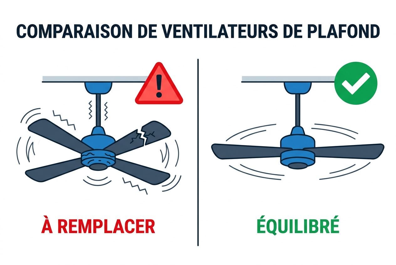 Comparaison de ventilateurs de plafond: à gauche, hélice vrombissante et insécurité « À REMPLACER »; à droite, système équilibré et ventiles tournant tranquillement.