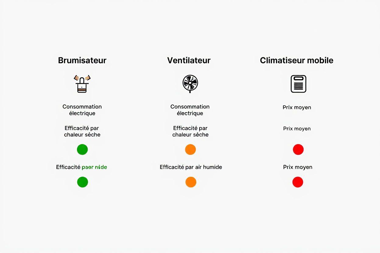 Comparatif d’un brumisateur, ventilateur et climatiseur mobile avec icônes et indicateurs d’efficacité et de prix, montrant le meilleur ventilateur pour la canicule.