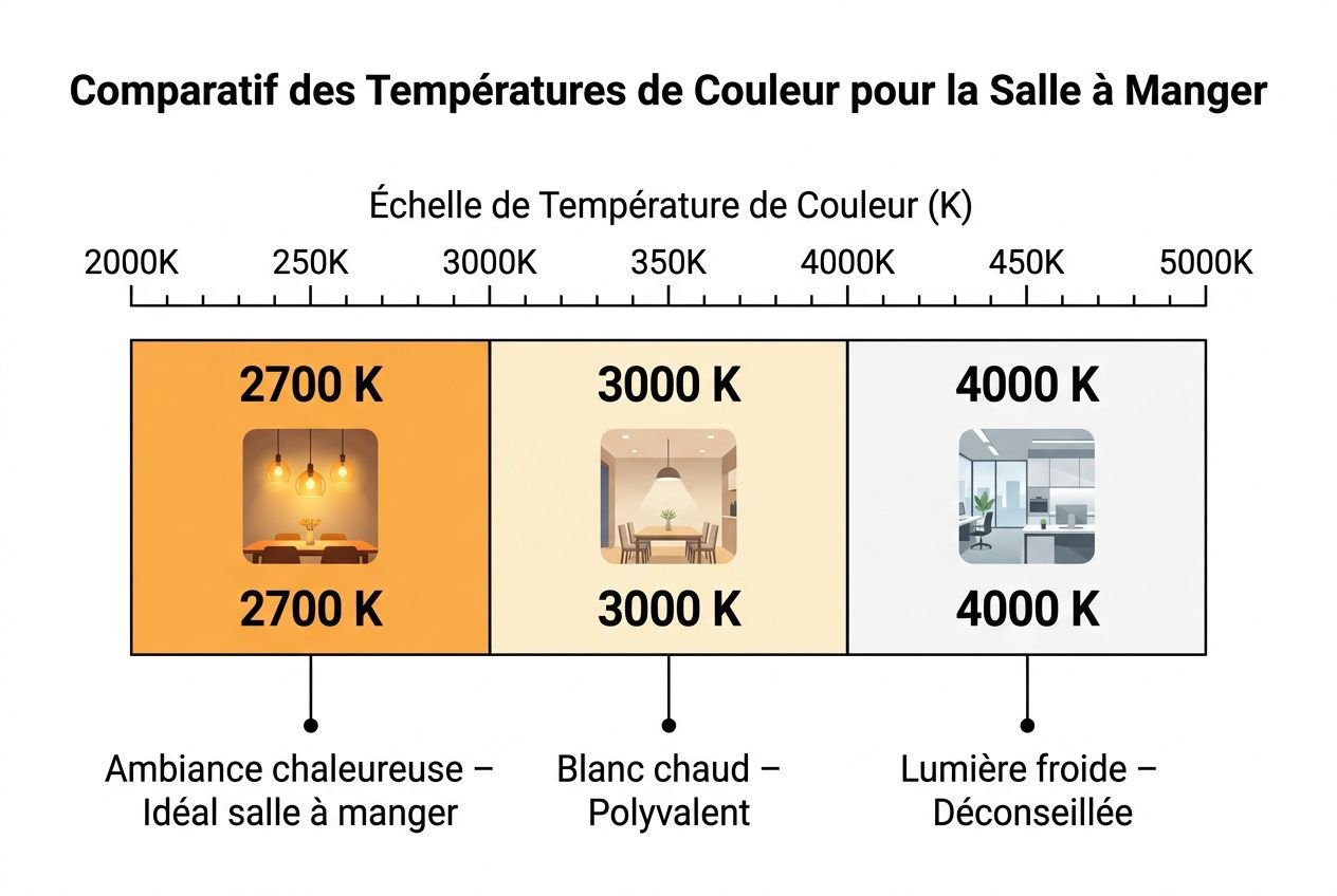 Comparatif des températures de couleur pour la salle à manger montrant 2700 K (ambiance chaleureuse), 3000 K (blanc chaud) et 4000 K (lumière froide) avec icônes et légendes. comment choisir son lustre de salle à manger.