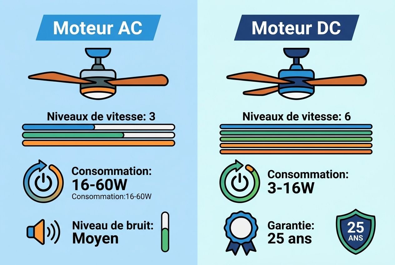 Comparatif visuel: Moteur AC et Moteur DC montrant vitesse, consommation et bruit; infographie sur choix de ventilateur de plafond design.