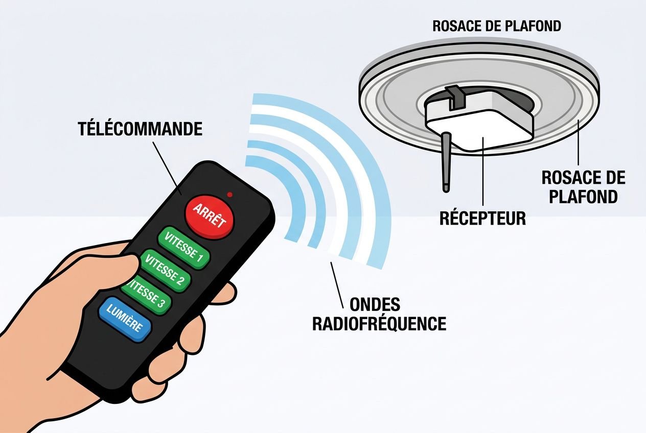Contrôleur à distance en main, filaments radiofréquence émettant vers un plafonnier avec récepteur et rosace de plafond de haut.