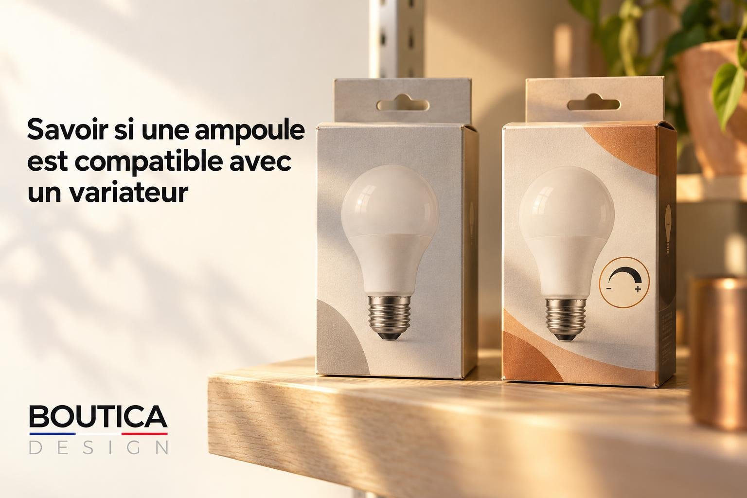 Deux ampoules à LED en emballage se tiennent sur une table près d’un fond clair.