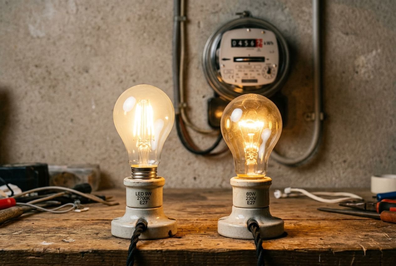 Deux ampoulesEE lumineuses, l’une éteinte et l’autre allumée, posées sur une table, avec un compteur électrique en arrière-plan, illustrant la comparaison LED et ampoule classique.