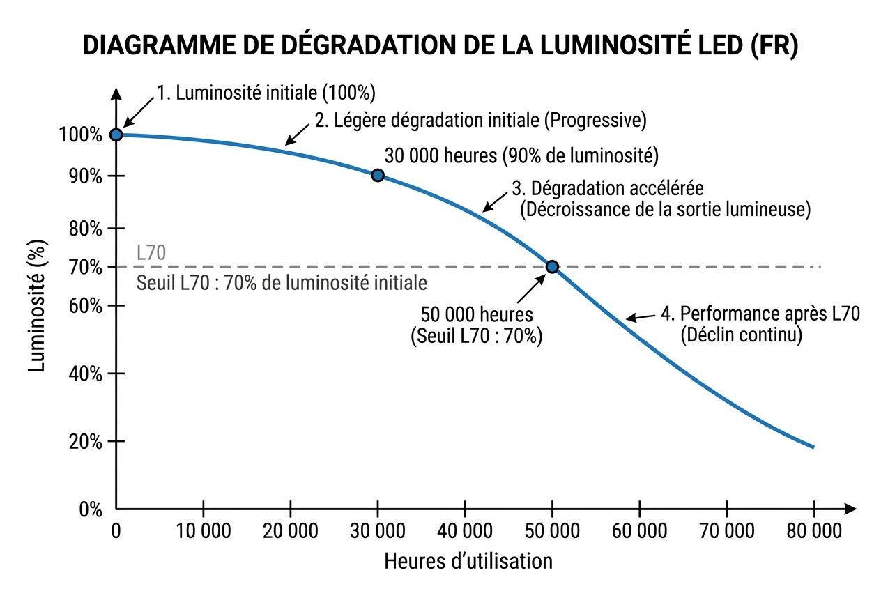 Diagramme de dégradation de la luminosité LED montrant la réduction de luminance en pourcentage selon les heures d’utilisation, avec seuils à 50 000 h et 60 000 h, et ligne guide L70 (70% de luminosité).
