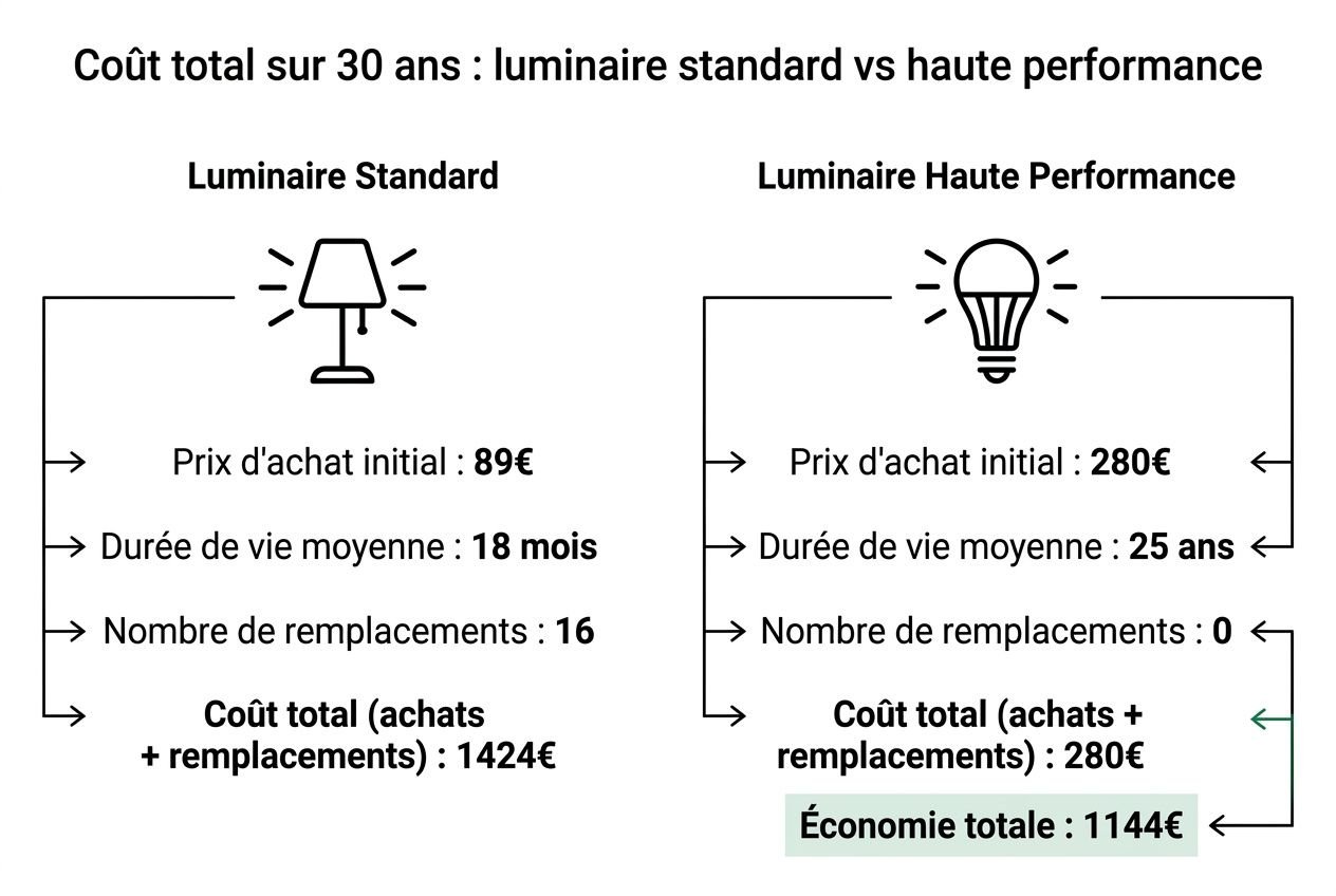 Diagramme montrant le coût total sur 30 ans : luminaire standard et luminaire haute performance, avec prix, durée de vie, remplacements et économies réalisées.