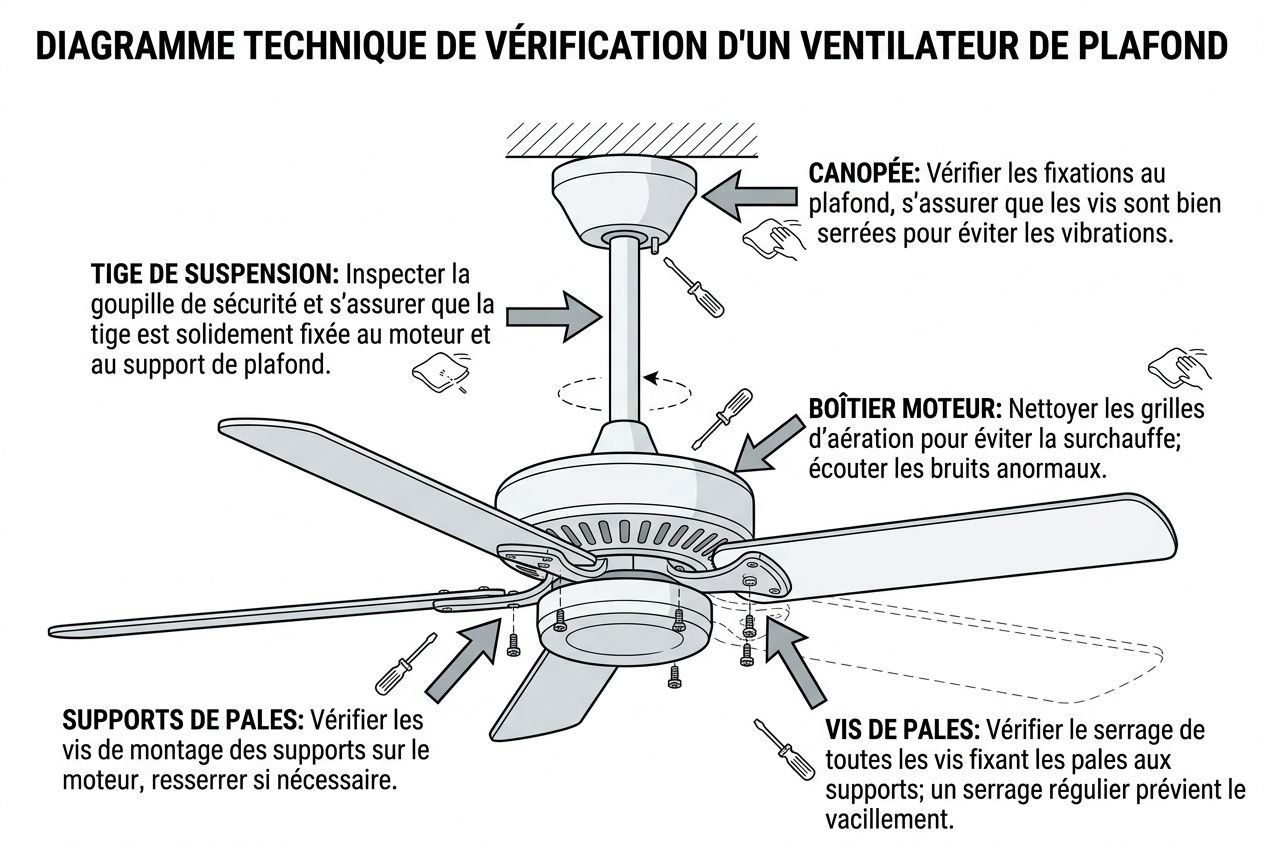 Diagramme technique illustrant les composants d’un ventilateur plafond, with flèche et étiquettes sur support, moteurs et vis pour vérifier le serrage. Ventilateur plafond bruyant expliqué.