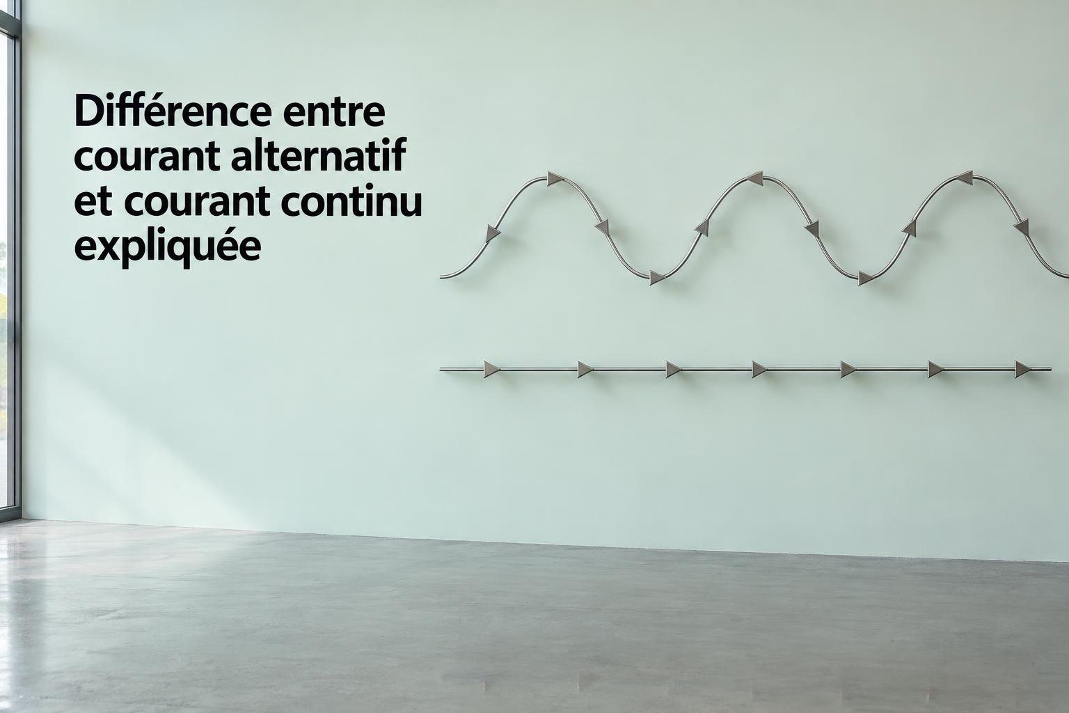 Différence entre courant alternatif et courant continu expliquée, affiche murale montrant des courbes AC et DC.