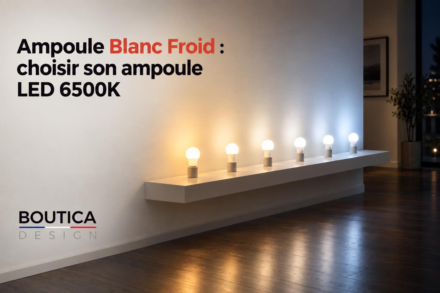 Éclairage chaud blanc froid sur une rangée de douze ampoules LED posées sur une étagère murale, projetant une lumière douce