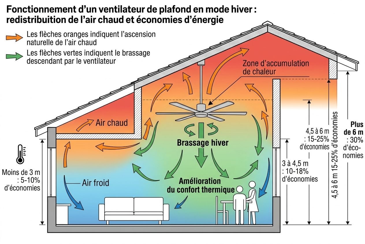 Fonctionnement d’un ventilateur de plafond mode hiver: distribution de chaleur et économies d’énergie dans un salon, avec flux d’air chaud vers le haut et répartition homogène de la chaleur.